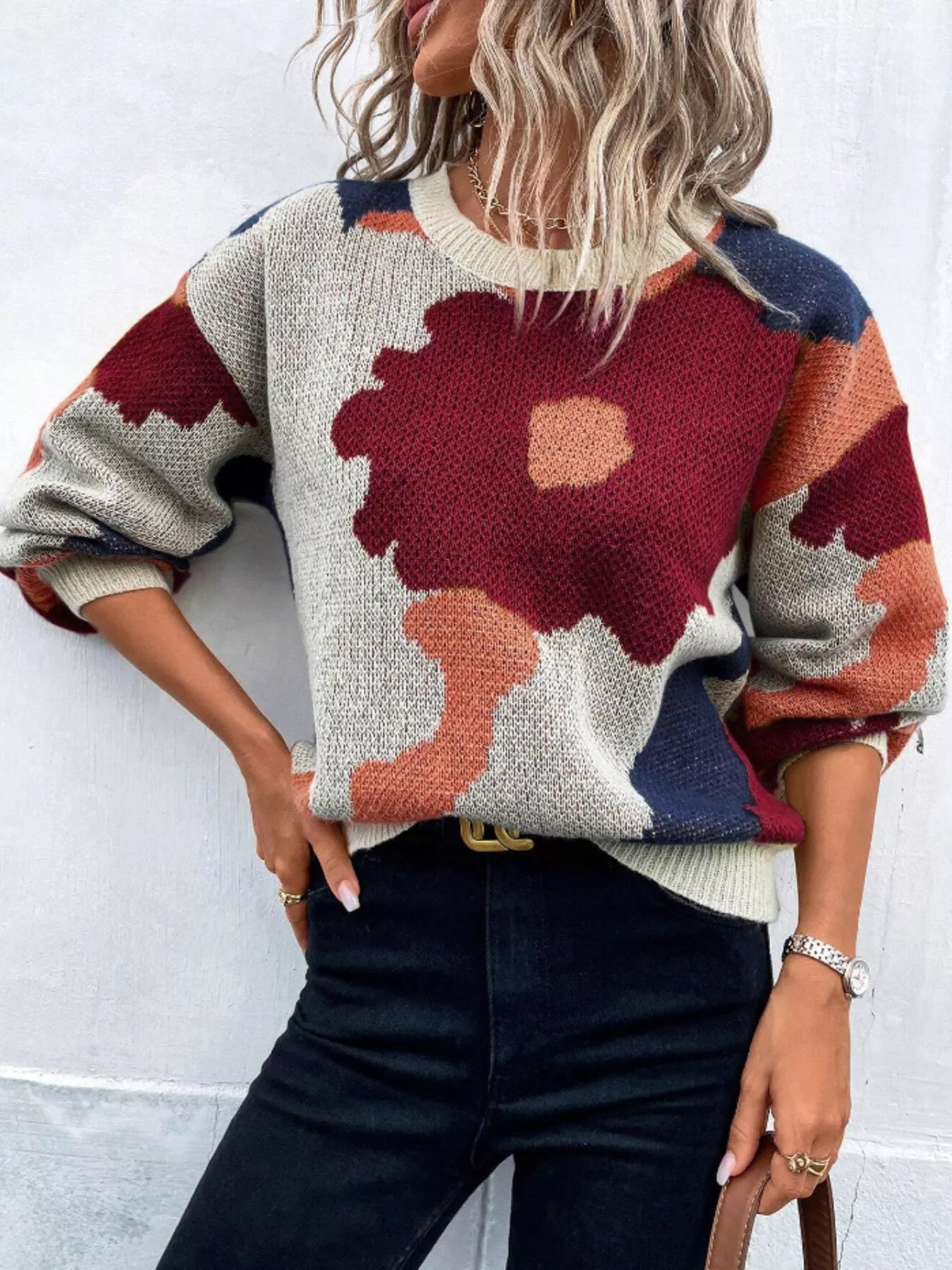 Floral Pattern Round Neck Sweater - Front View