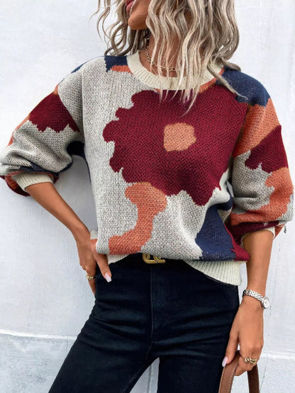 Floral Pattern Round Neck Sweater - Front View