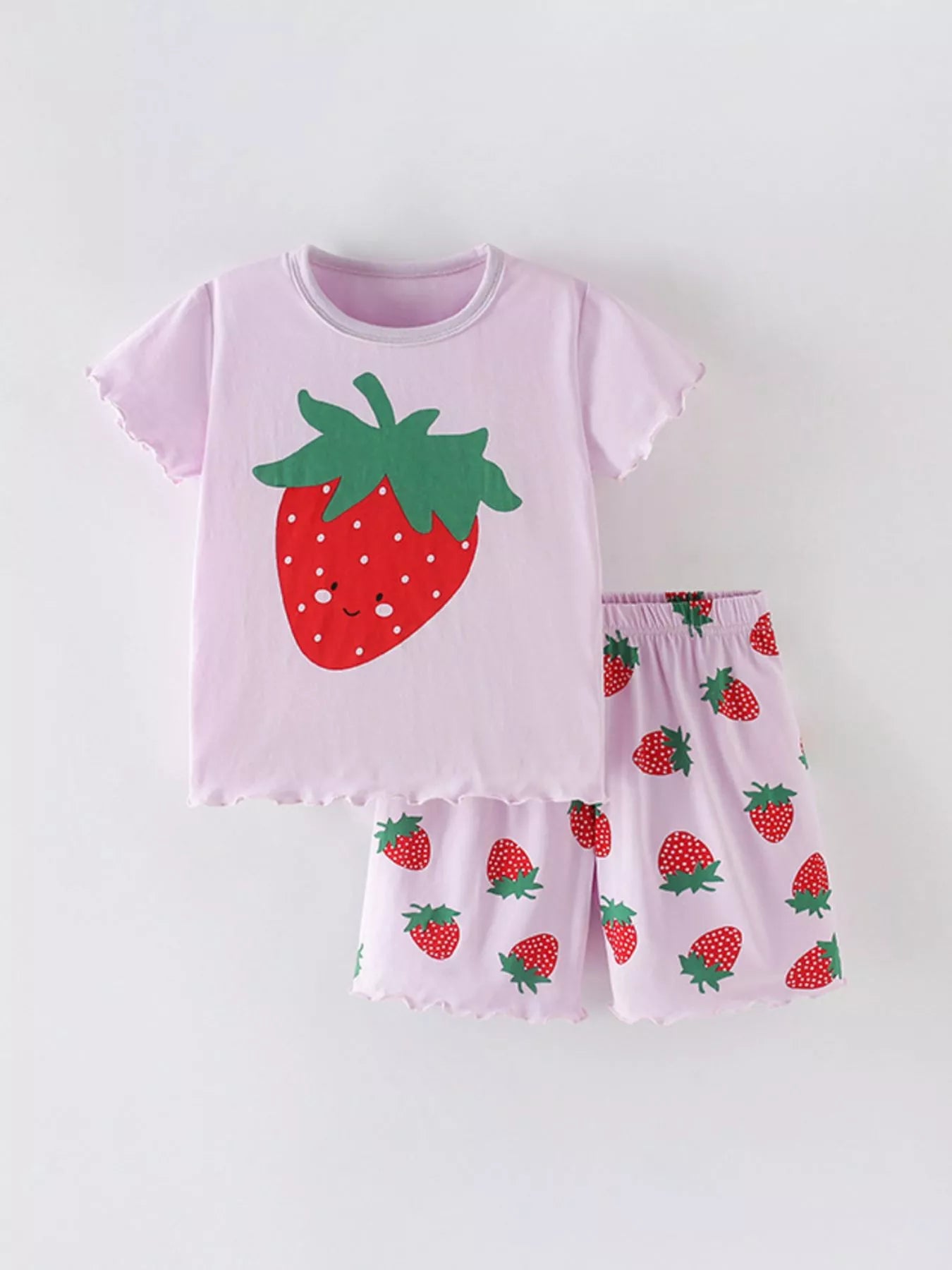 Strawberry Print Graphic Tee and Shorts Set - Front View