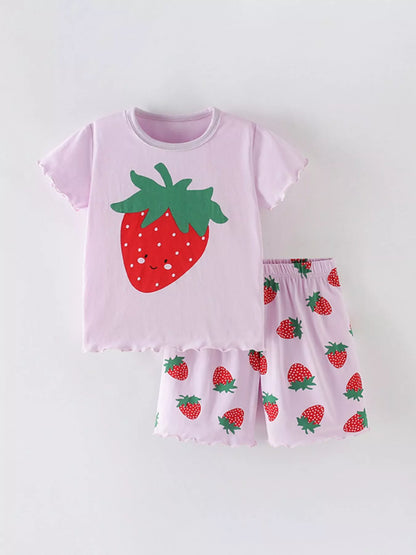 Strawberry Print Graphic Tee and Shorts Set - Front View