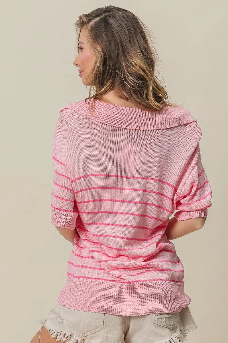 Pink Striped Collared V-Neck Sweater - Detail View 12