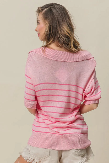 Pink Striped Collared V-Neck Sweater - Detail View 12