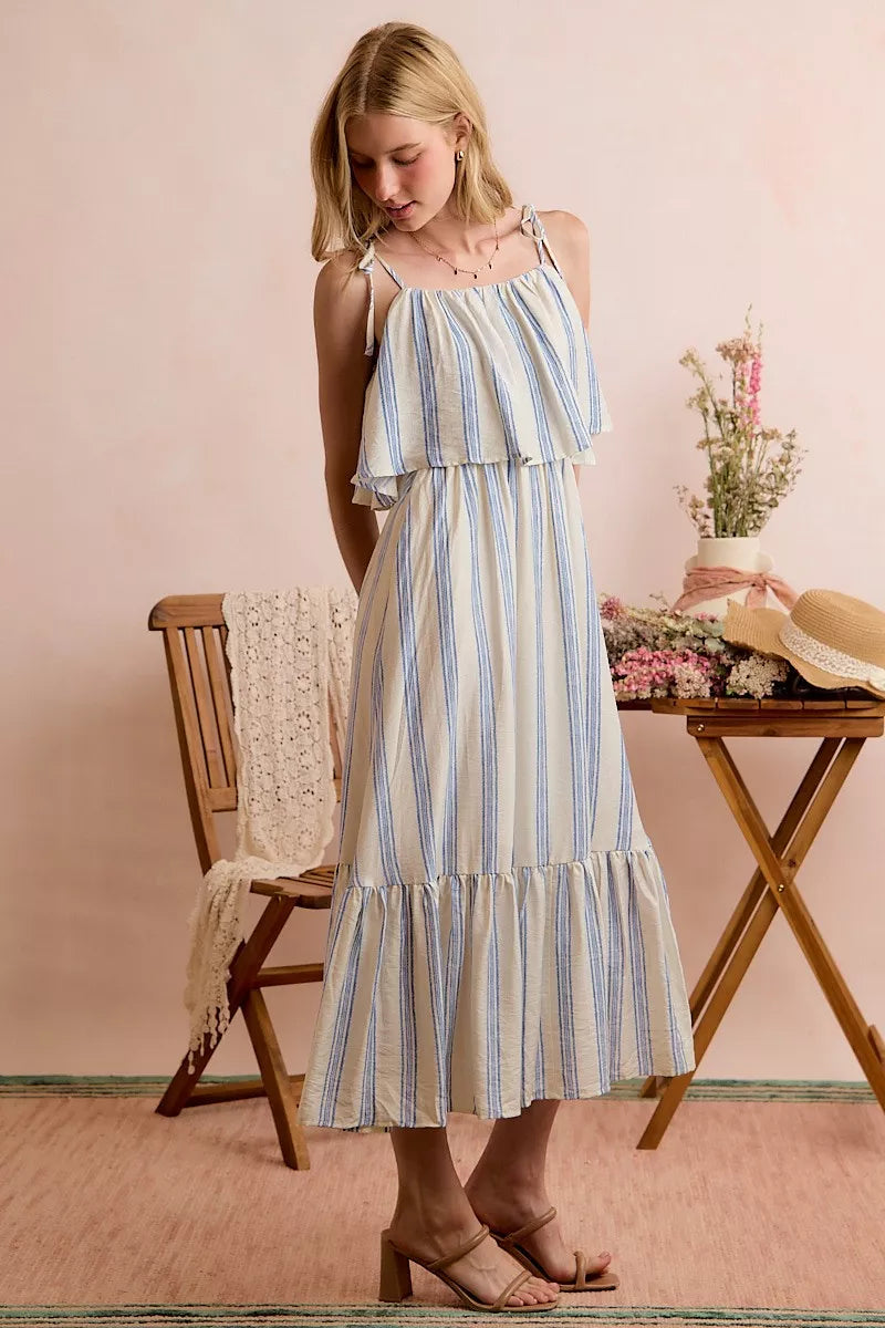 Stripe Shoulder Tie Midi Dress