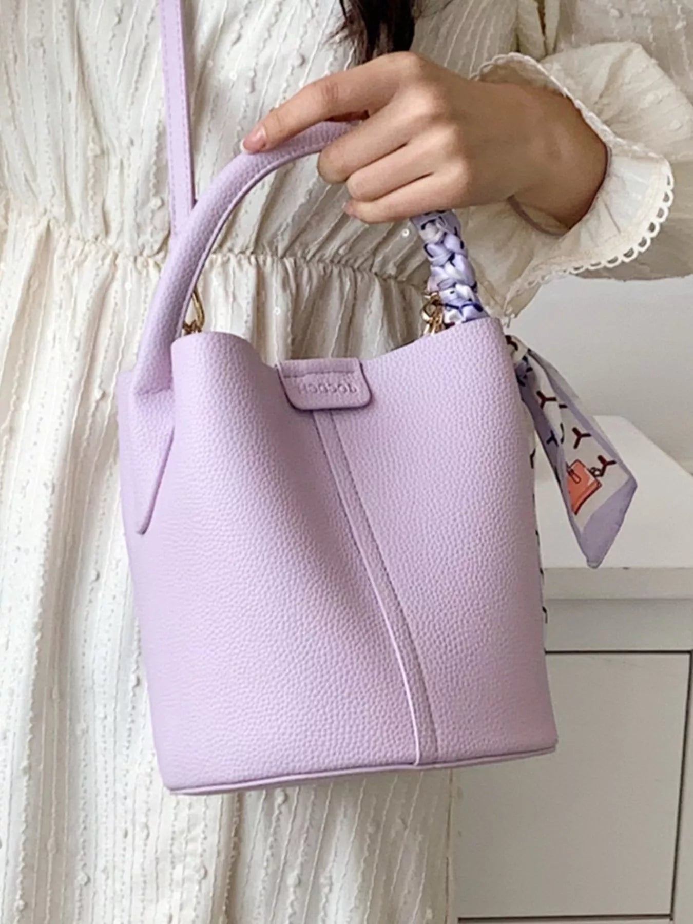 Bucket Crossbody Bag with Scarf Accent