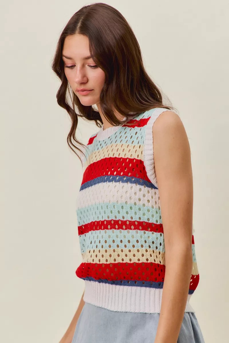 Tie Back Openwork Retro Stripe Tank Top