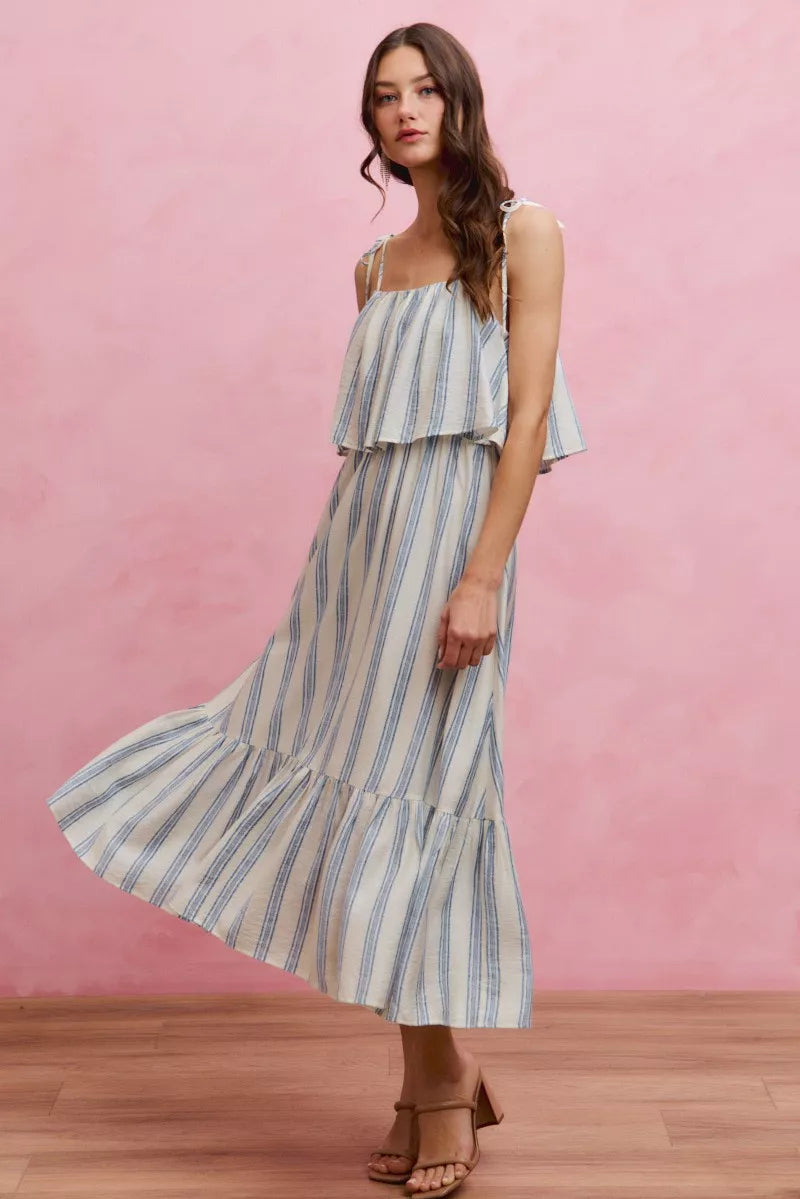 Stripe Shoulder Tie Midi Dress