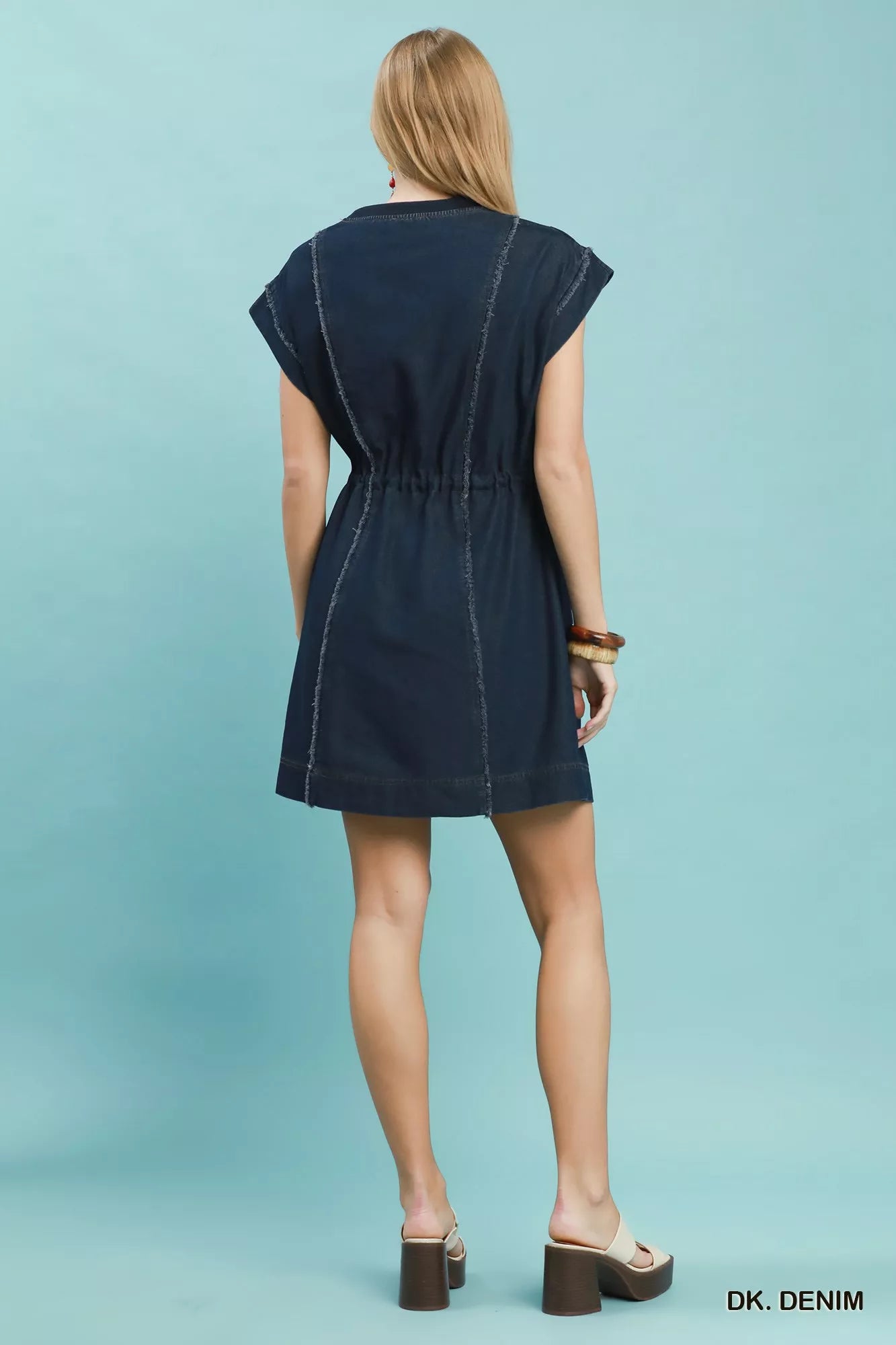 Drawstring Waist Frayed Denim Mini Dress