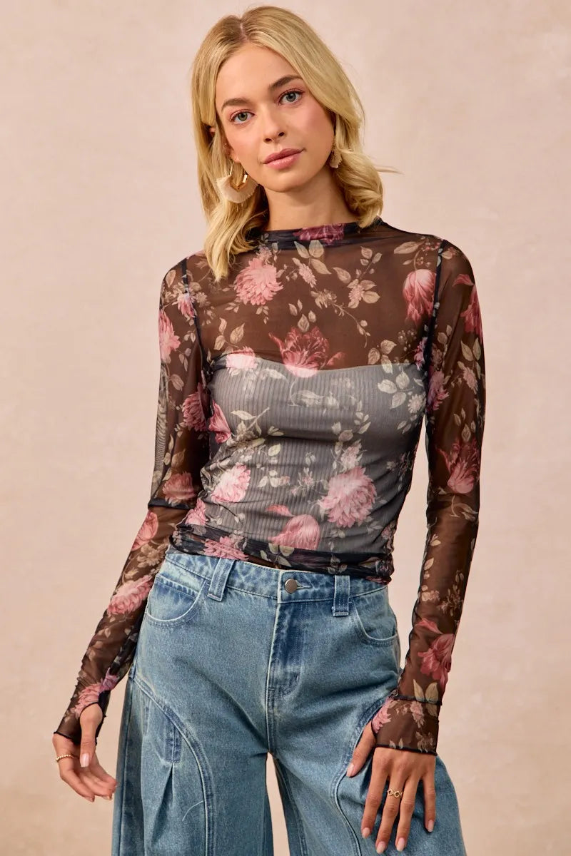 Flower Print Mesh Lace Top