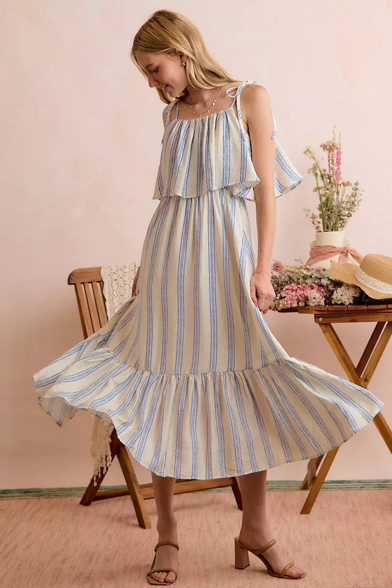 Stripe Shoulder Tie Midi Dress