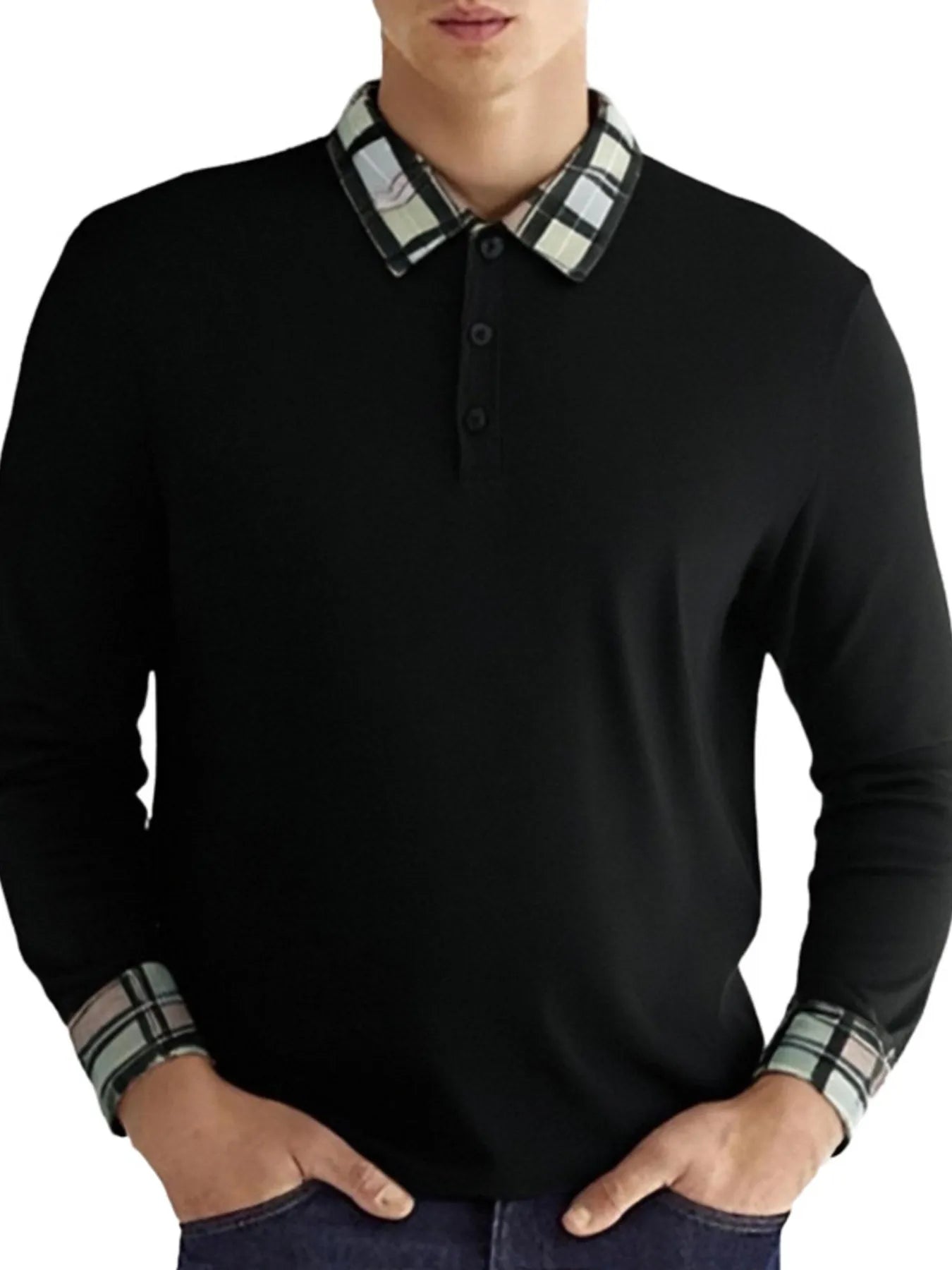 Men's Contrast Plaid Collar Long Sleeve Polo