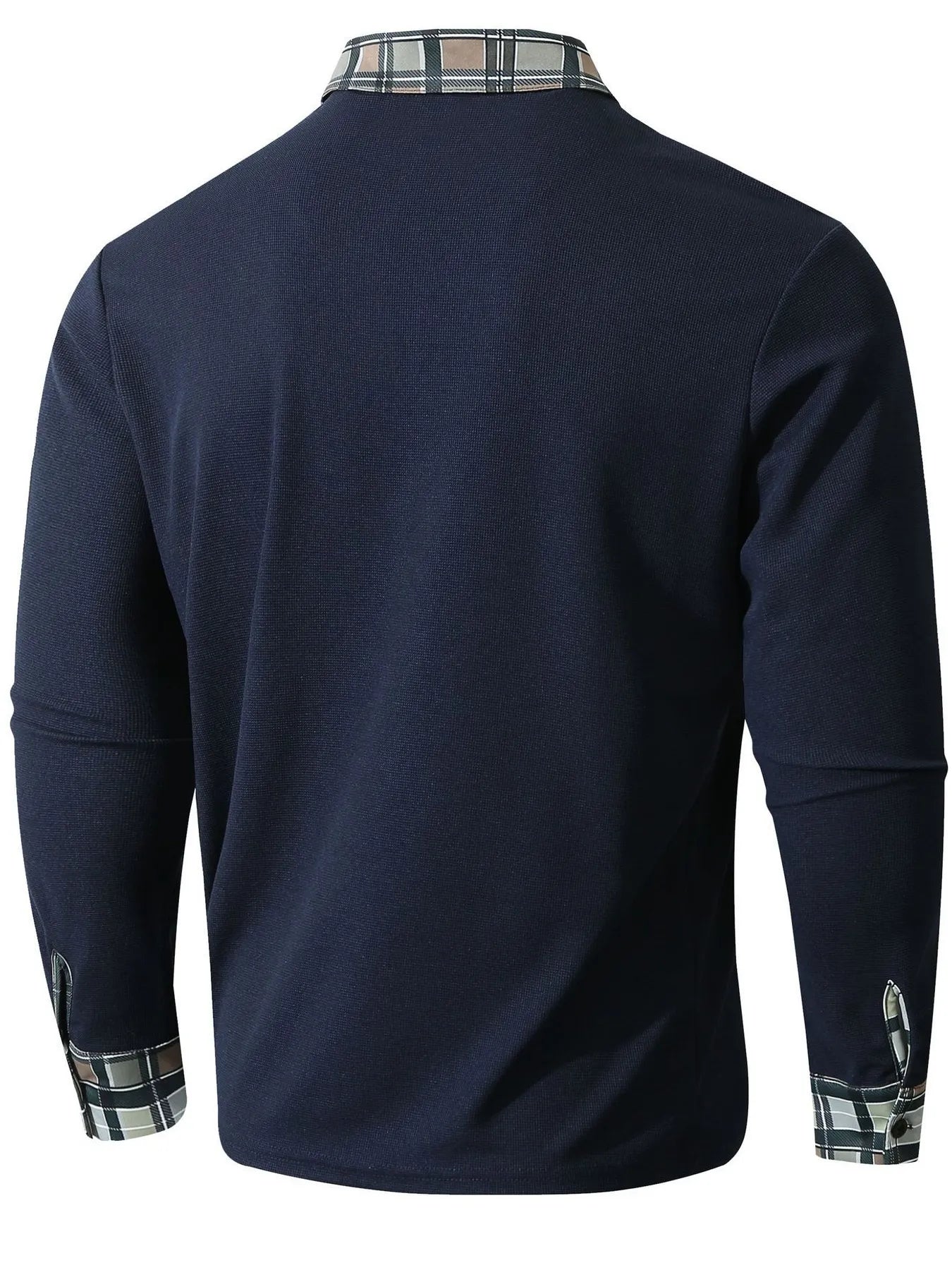 Men's Contrast Plaid Collar Long Sleeve Polo