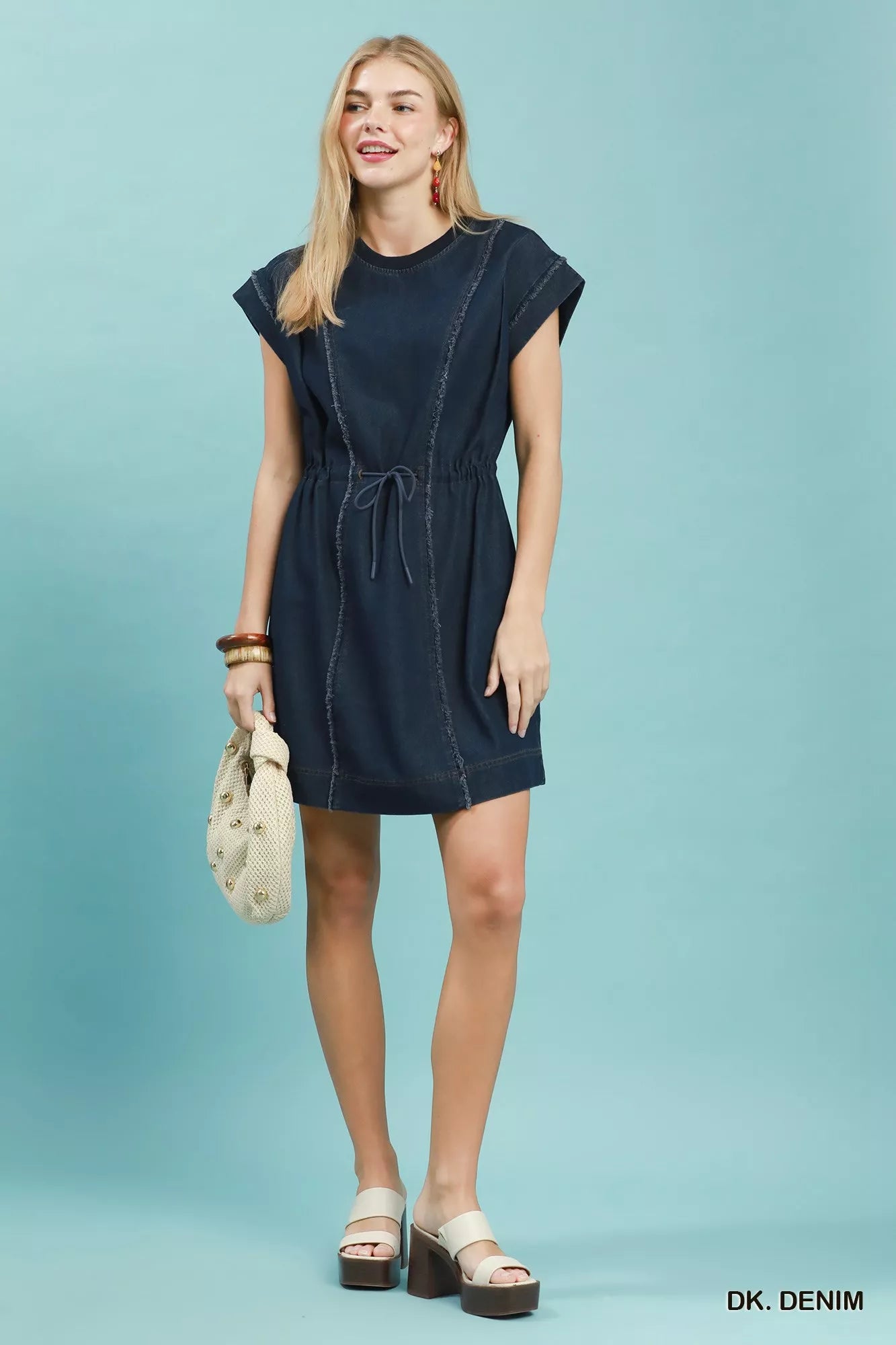 Drawstring Waist Frayed Denim Mini Dress