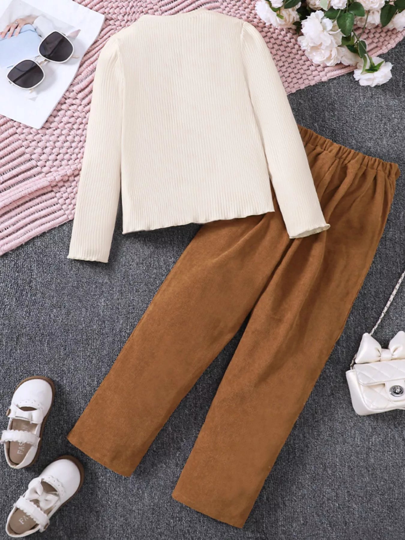 Girl's Ruffle Trim Top & Corduroy Pants Set