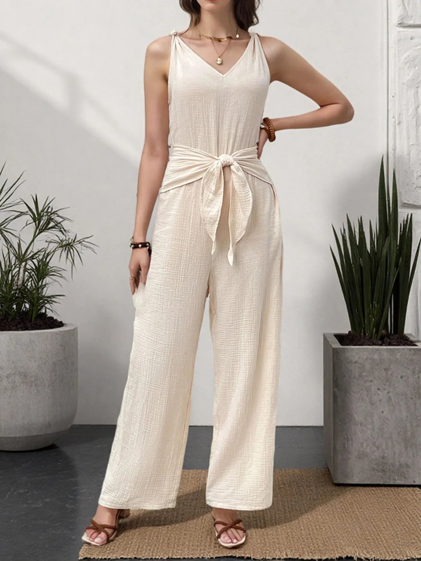 Tied Waist Wide Leg Jumpsuit