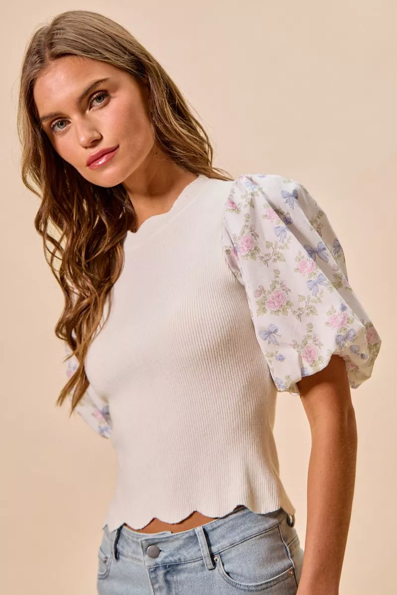 Floral Sleeve Scallop Sweater Top