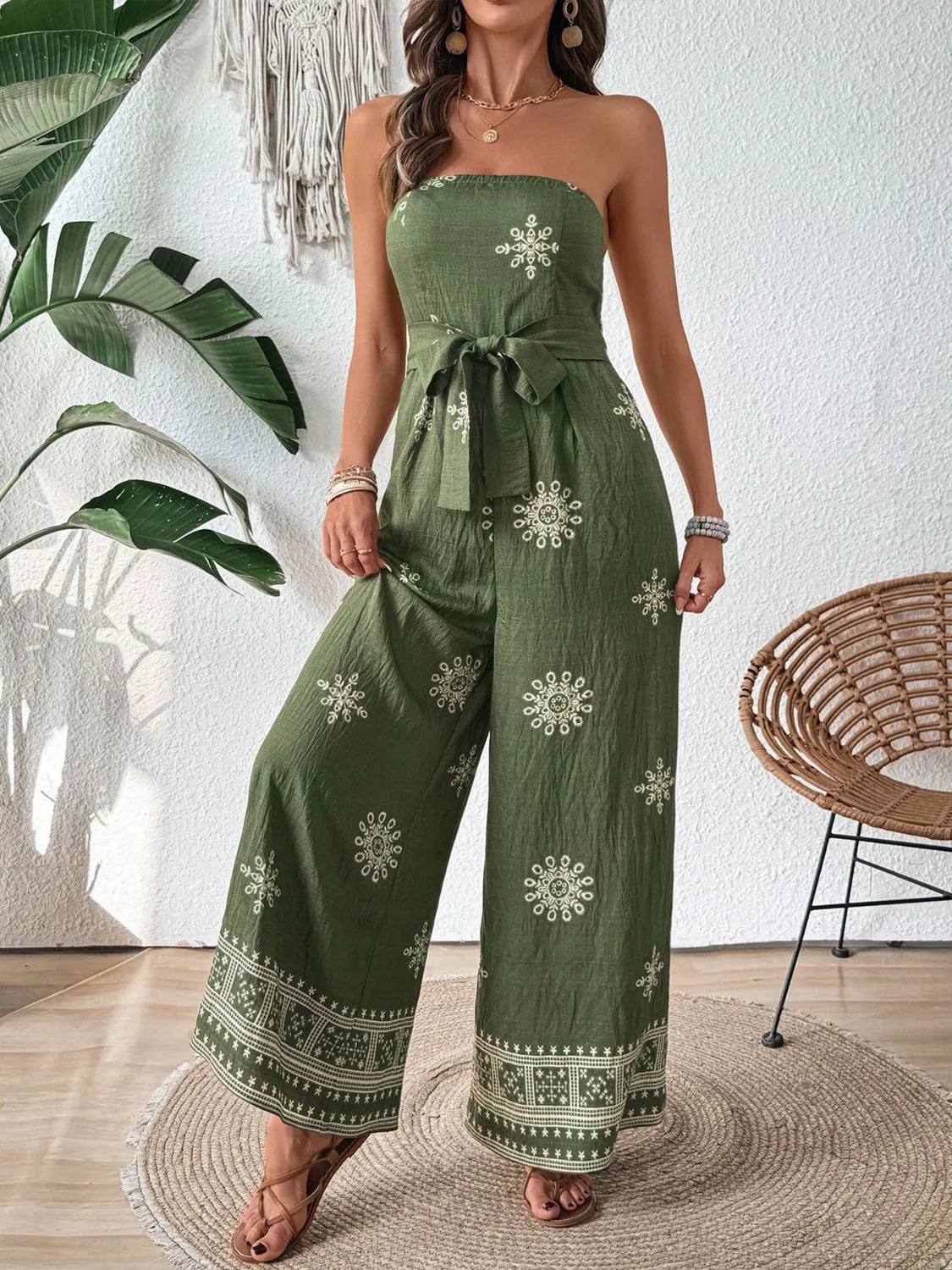 Boho Wide Leg Strapless Jumpsuit
