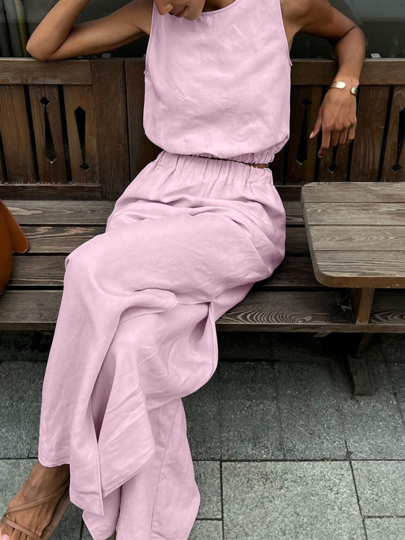 Hemp-blend Crop Top and Side Slit Pants Set