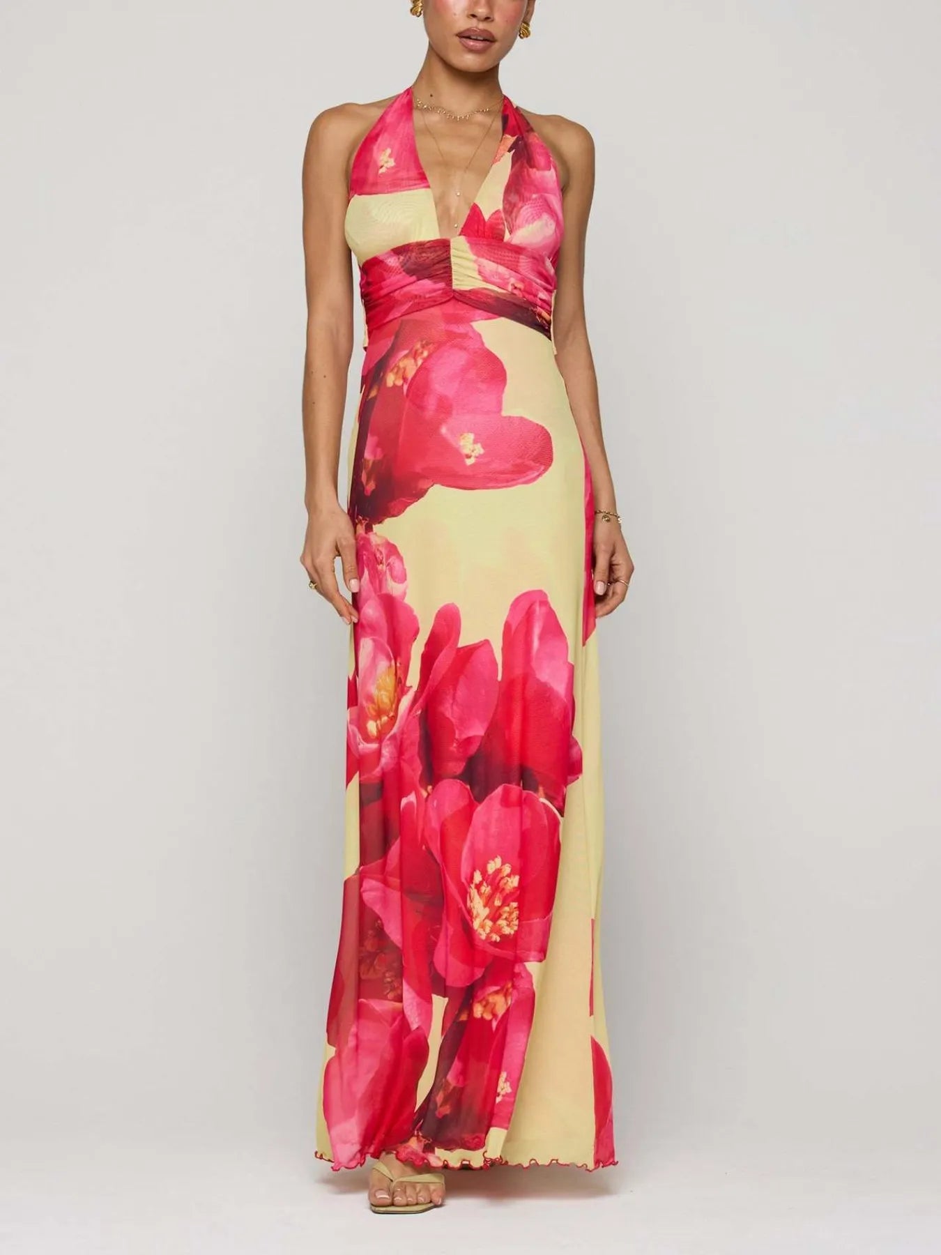 Floral Halter Neck Deep V Backless Dress