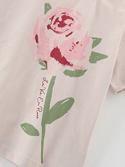 Rose Print Graphic Tee and Shorts Set - Side View