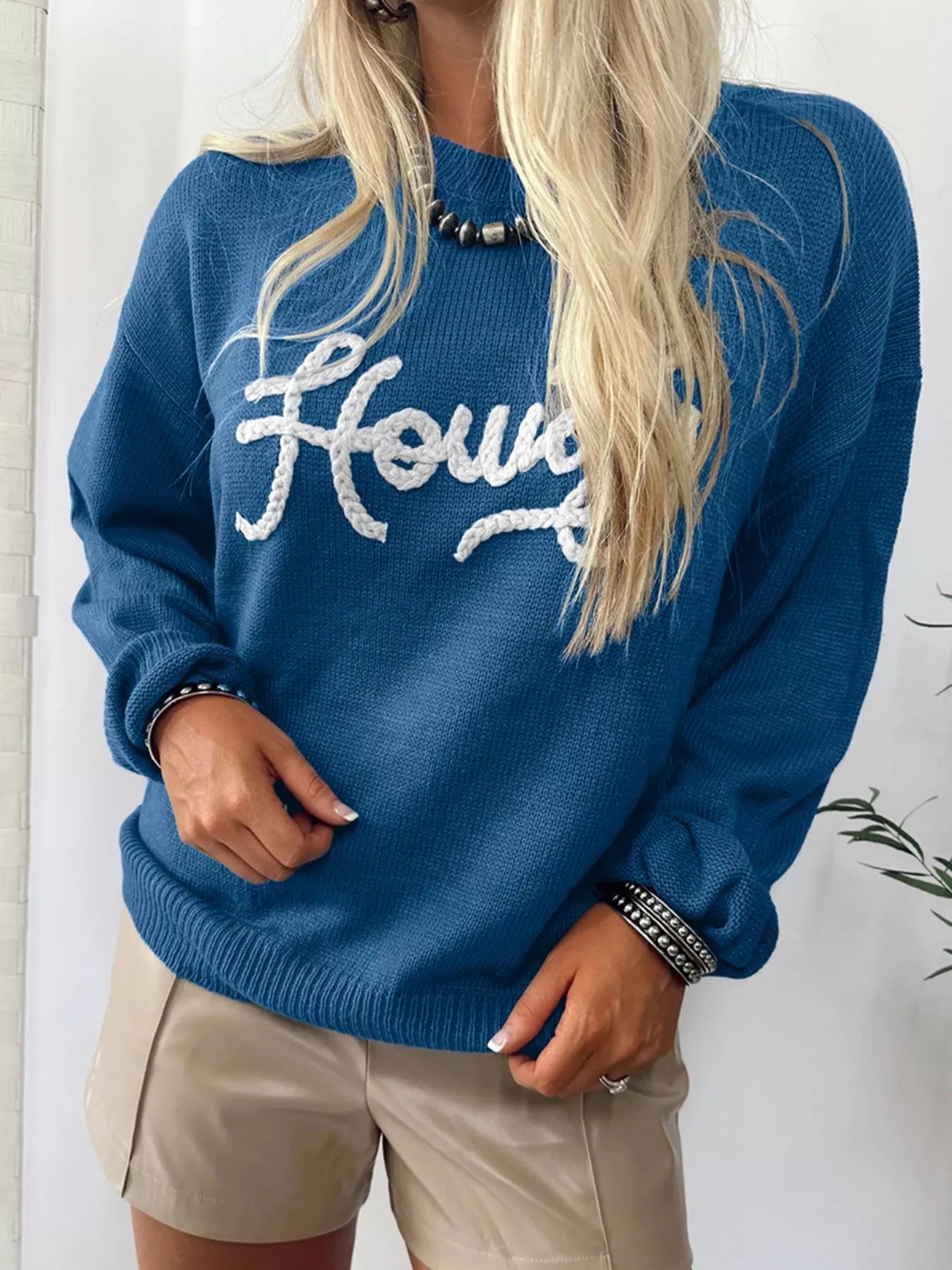 Howdy Embroidered Round Neck Sweater - Front View