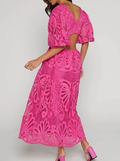 Cutout Back Lace Crochet V-Neck Dress - Detail View 18