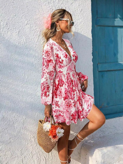 Full Size Floral Print V-Neck Long Sleeve Ruffle Hem Mini Dress Plus Size - Detail View 12