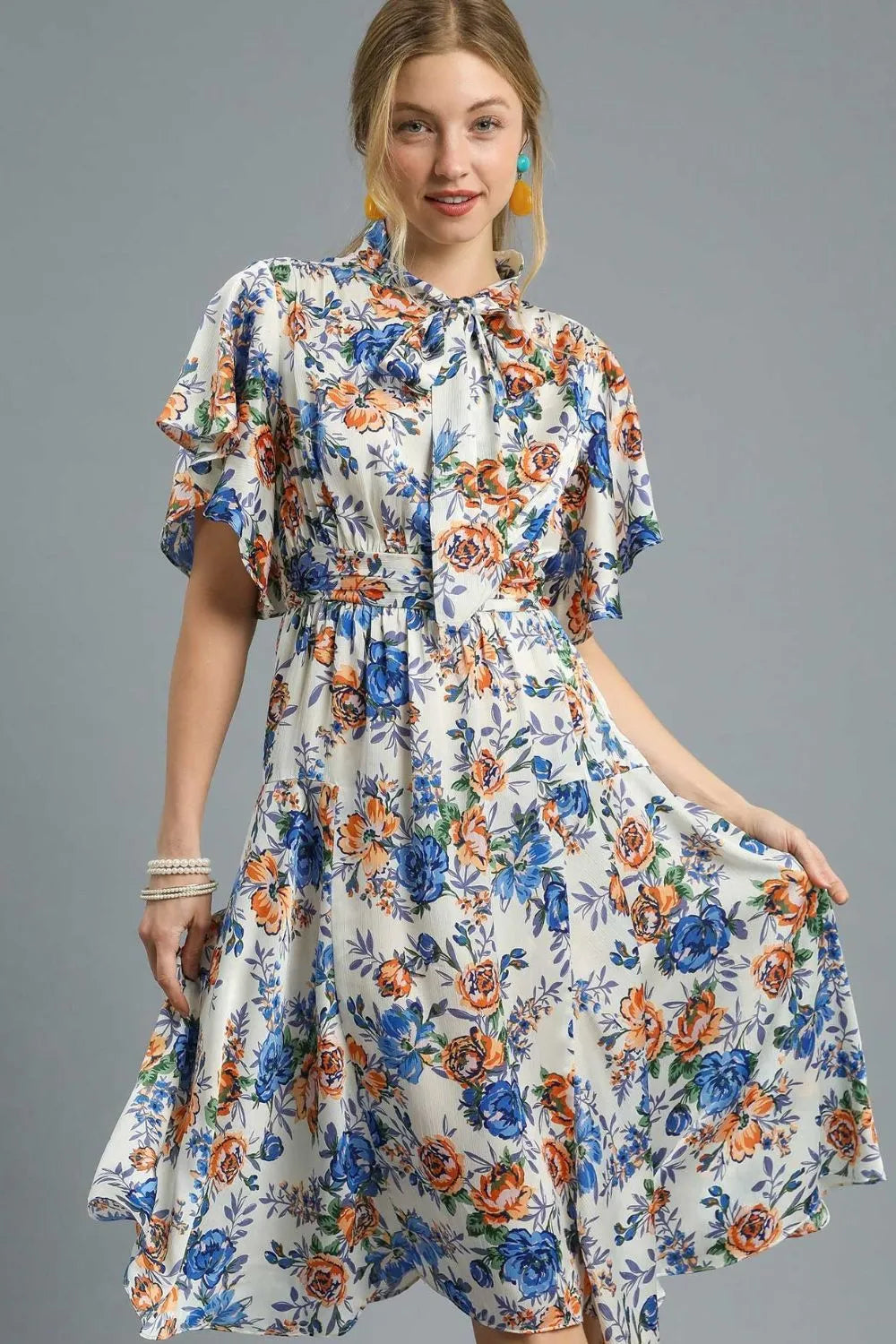 Floral Print Flutter Sleeve Dress