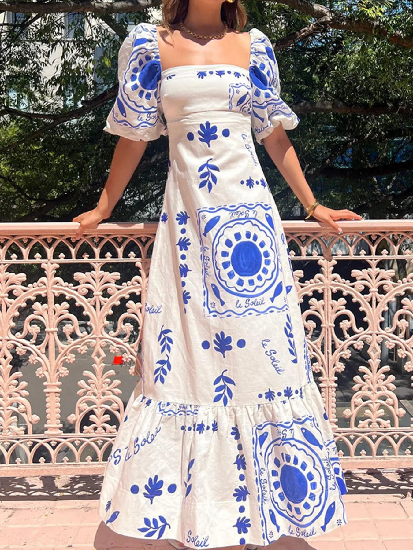 Floral Square Neck Puff Sleeve Maxi Dress