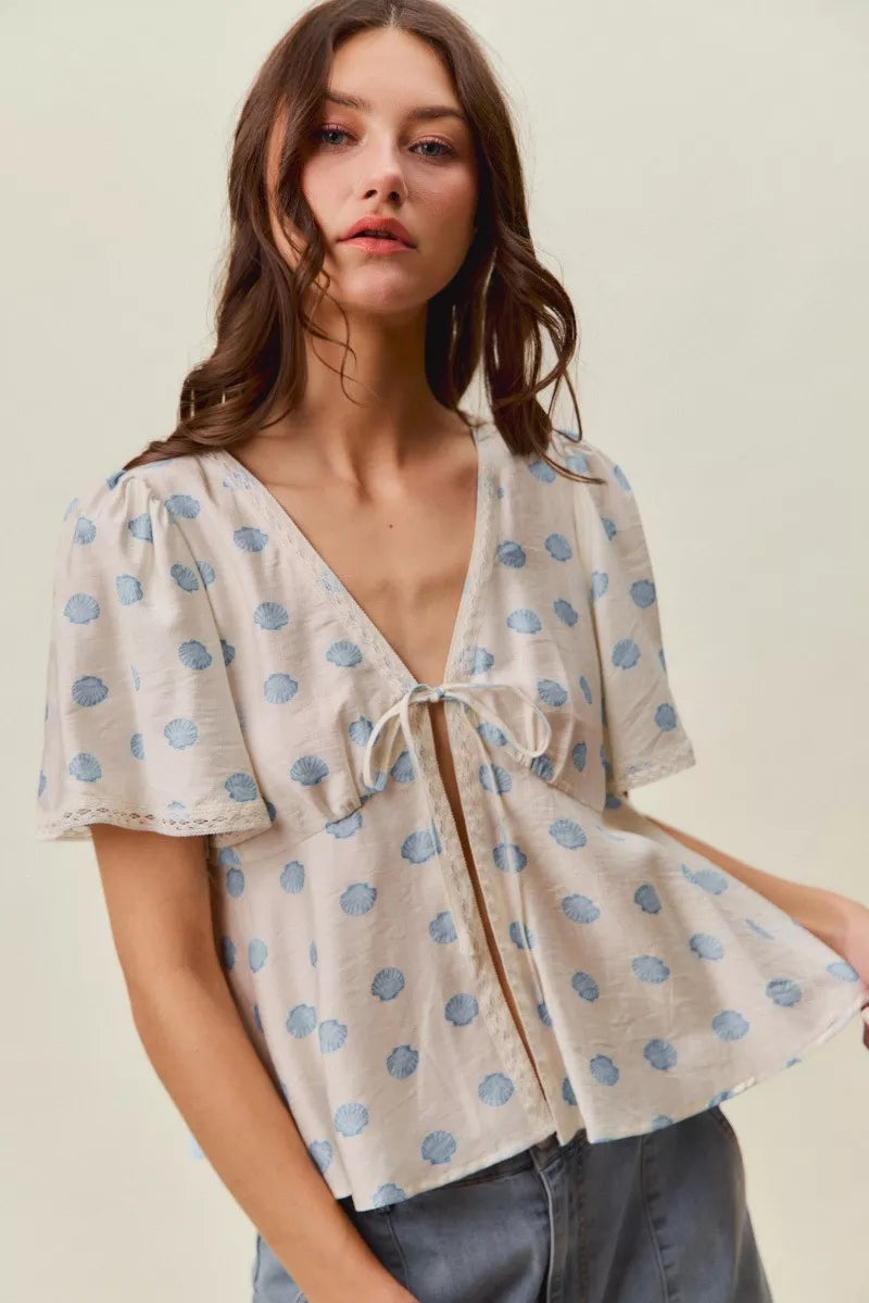 Shell Print Tie-Front Blouse