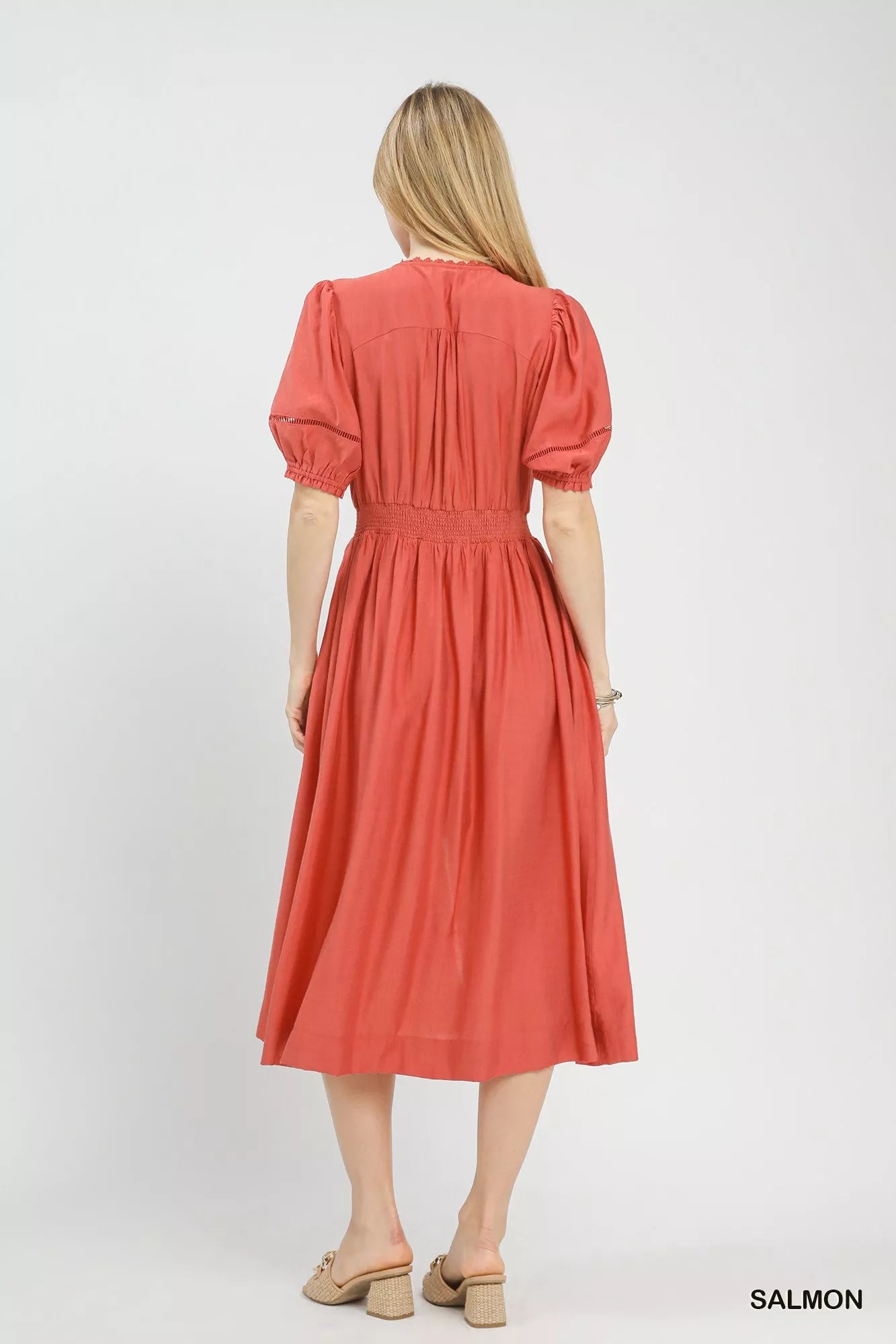 Zip-Front Smocked Waist Midi Dress