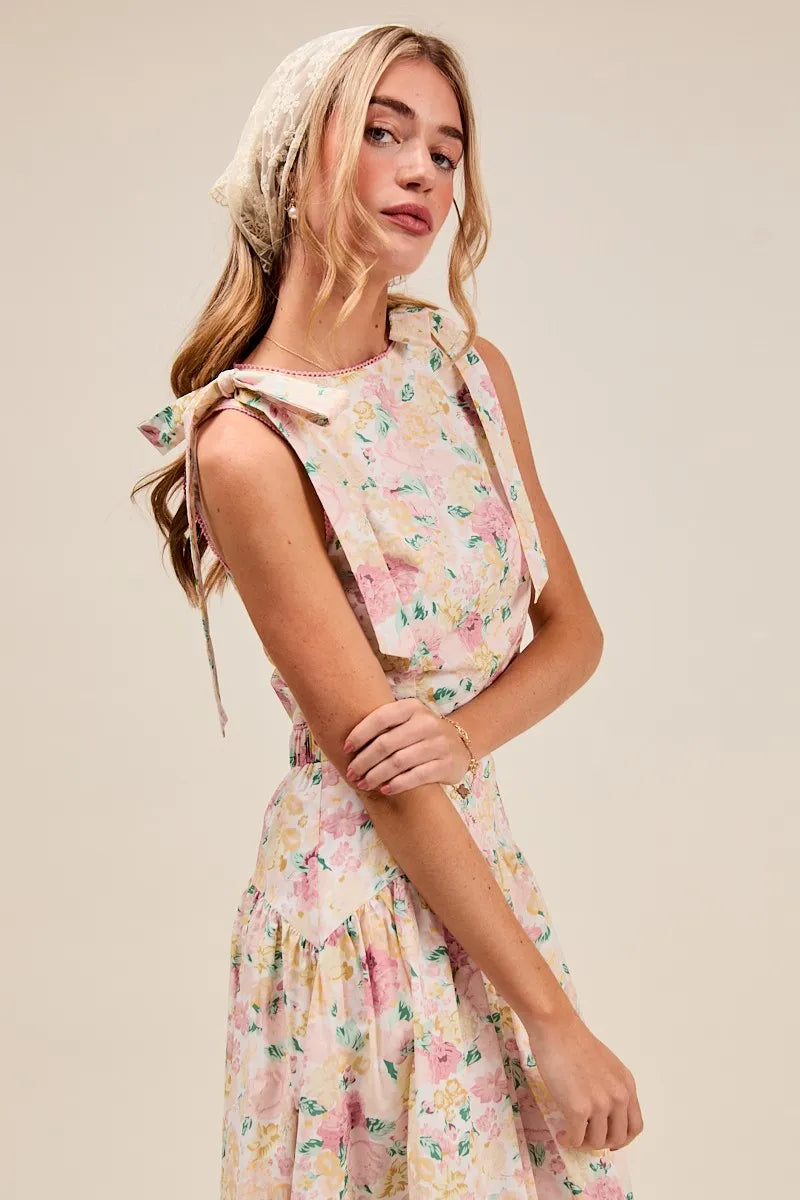 Floral Printed Shoulder Tie Top and Skirt Set