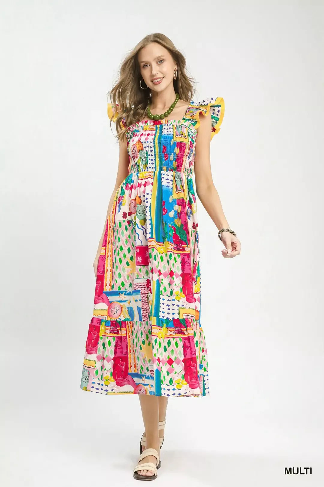 Abstract Print Smocked Midi Dress