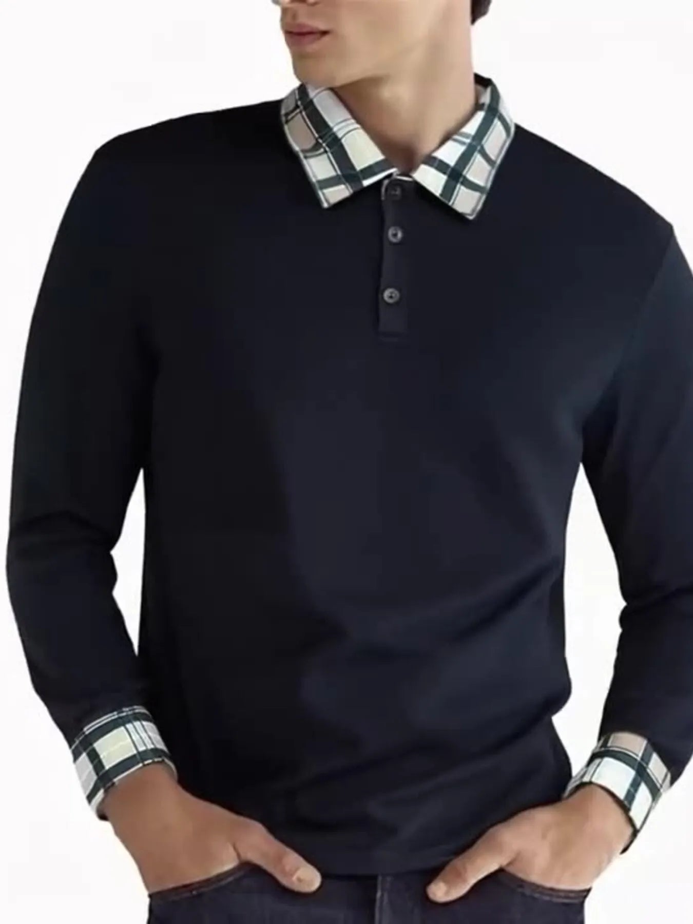Men's Contrast Plaid Collar Long Sleeve Polo