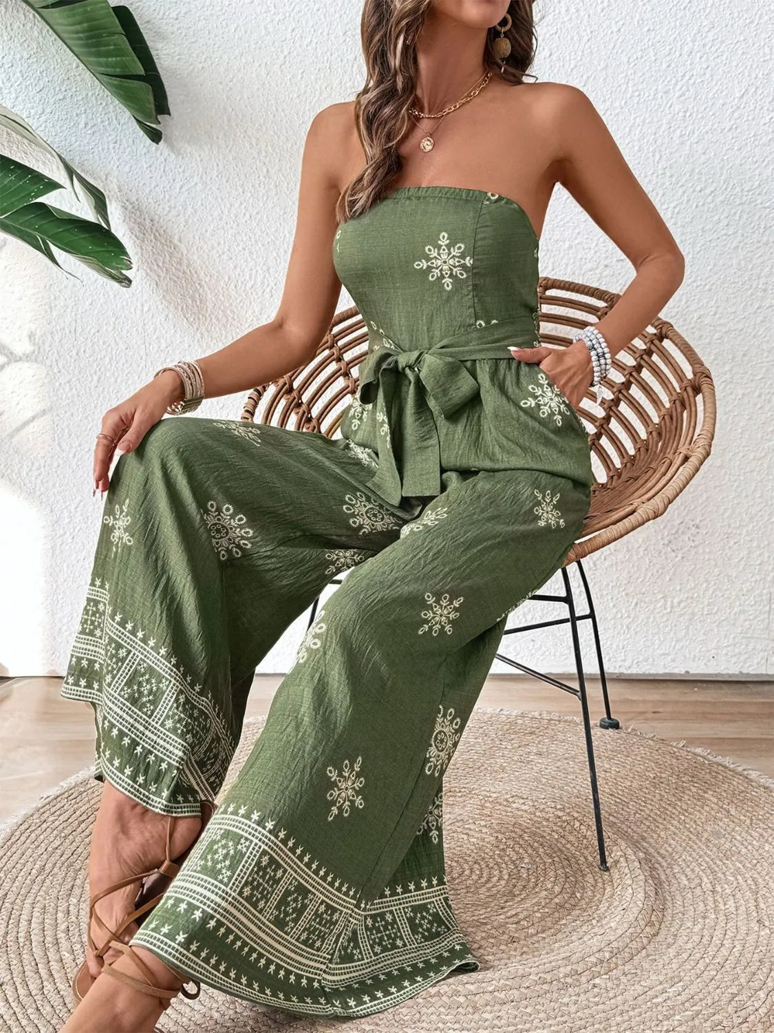 Boho Wide Leg Strapless Jumpsuit