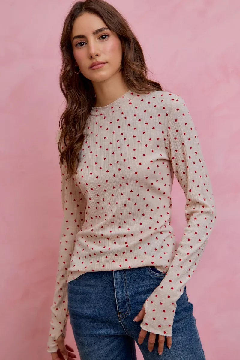 Ditsy Heart Slub Rib Knit Top - Detail View 6