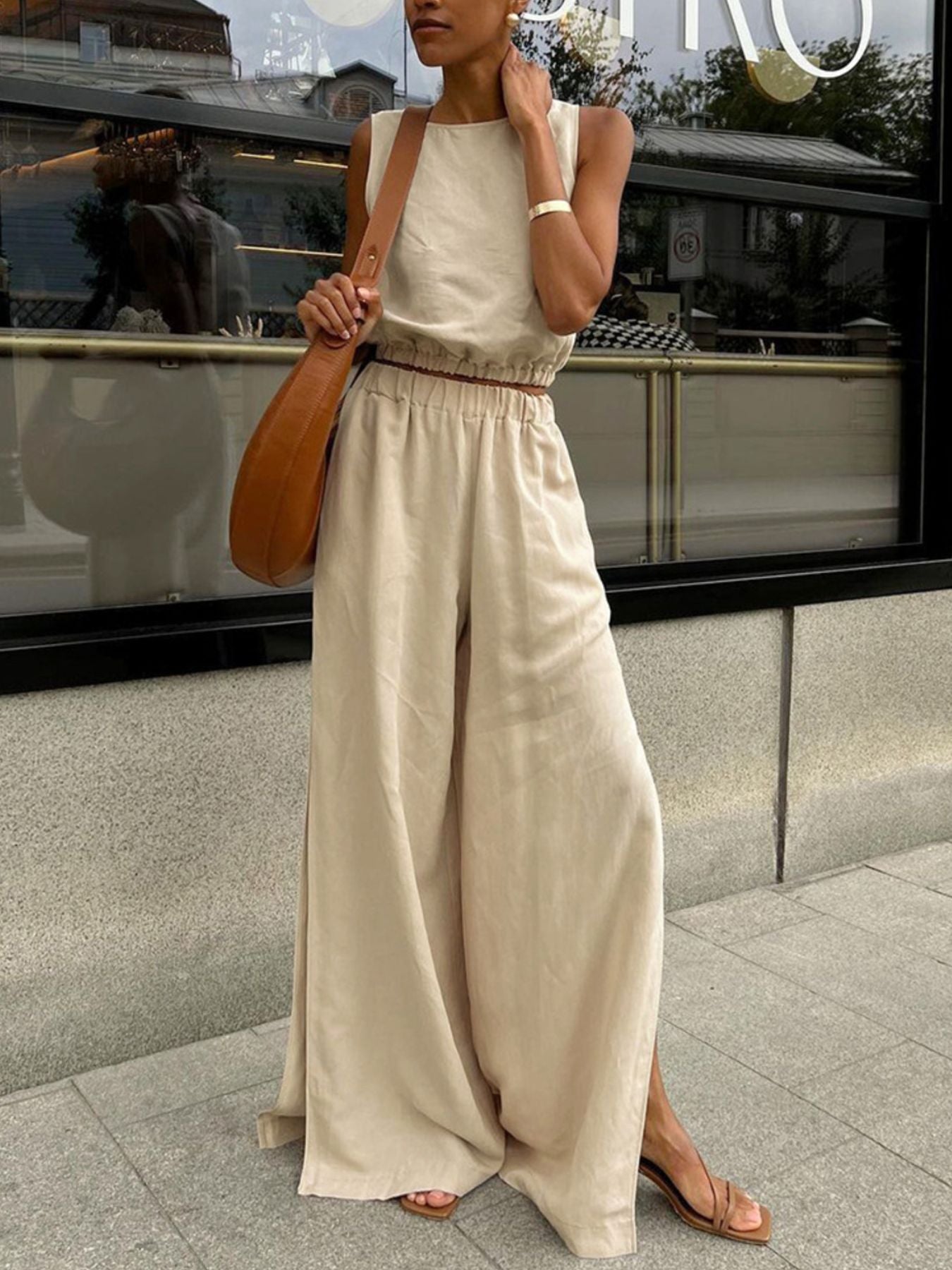 Hemp-blend Crop Top and Side Slit Pants Set