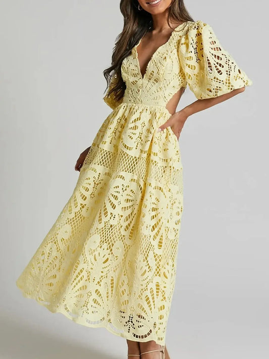 Cutout Back Lace Crochet V-Neck Dress - Back View
