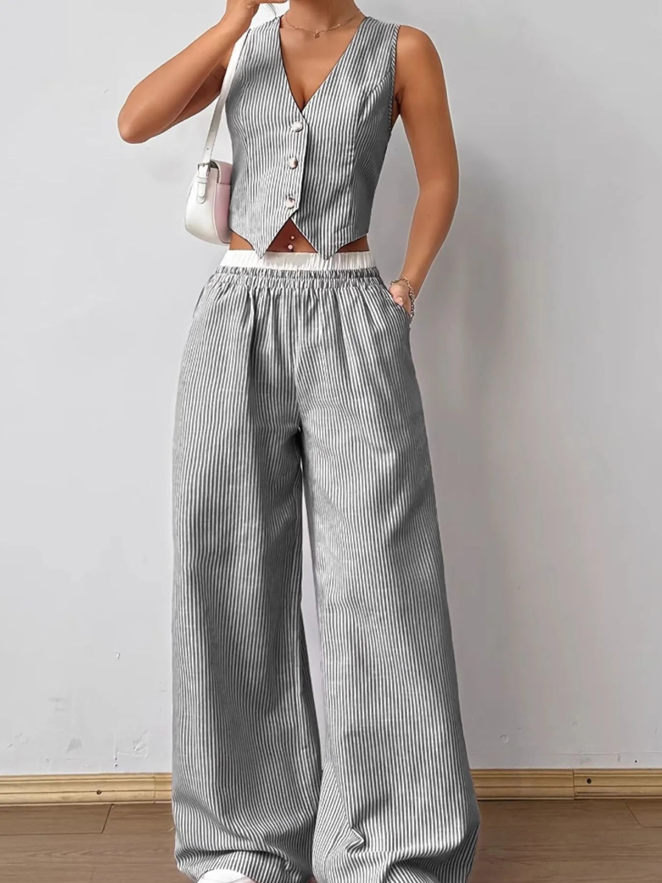 Striped Vest and Wide Leg Pants Set
