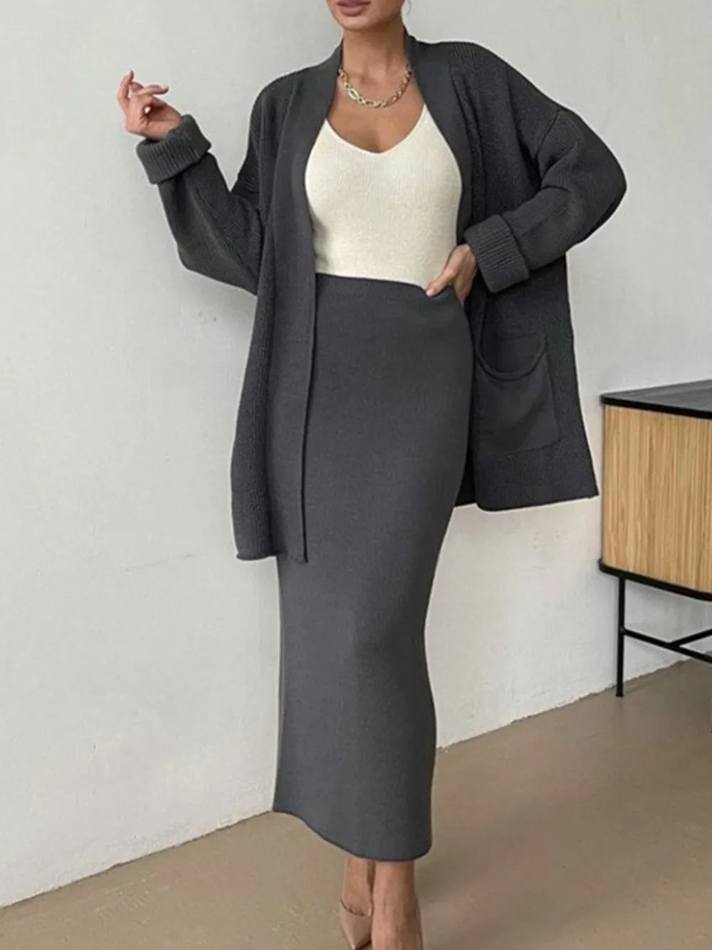 Open Front Cardigan and Midi Skirt Sweater Set