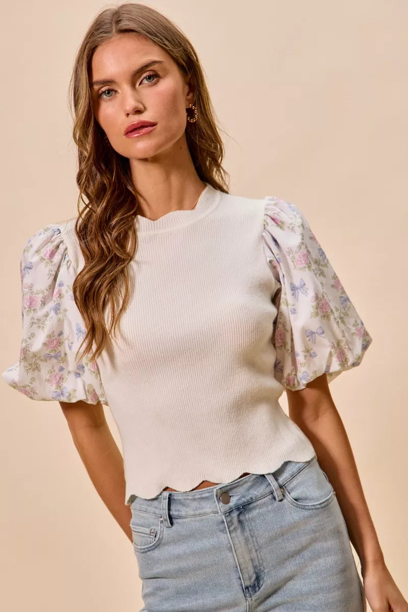 Floral Sleeve Scallop Sweater Top