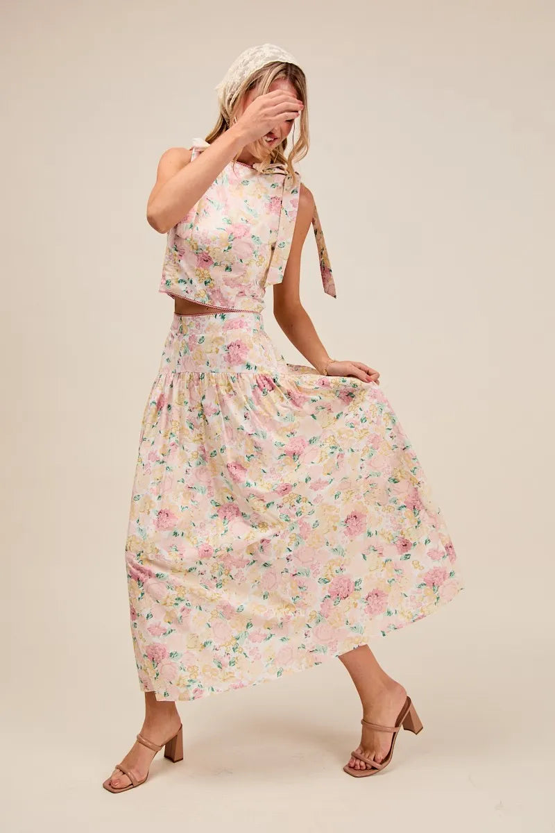 Floral Printed Shoulder Tie Top and Skirt Set
