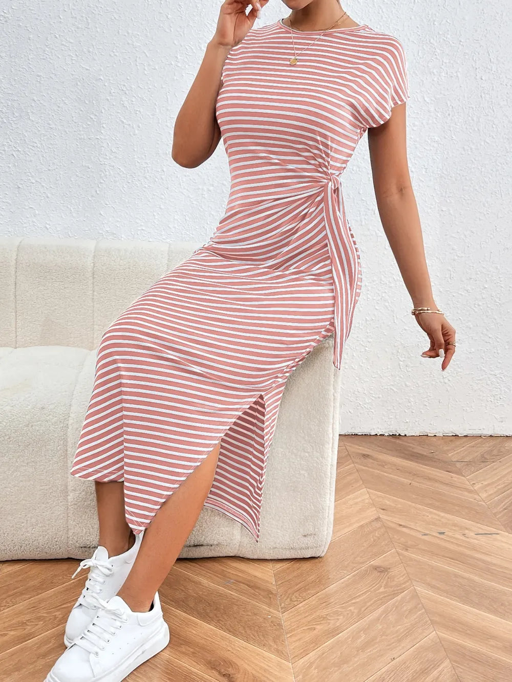 Side Tie Striped T-Shirt Dress
