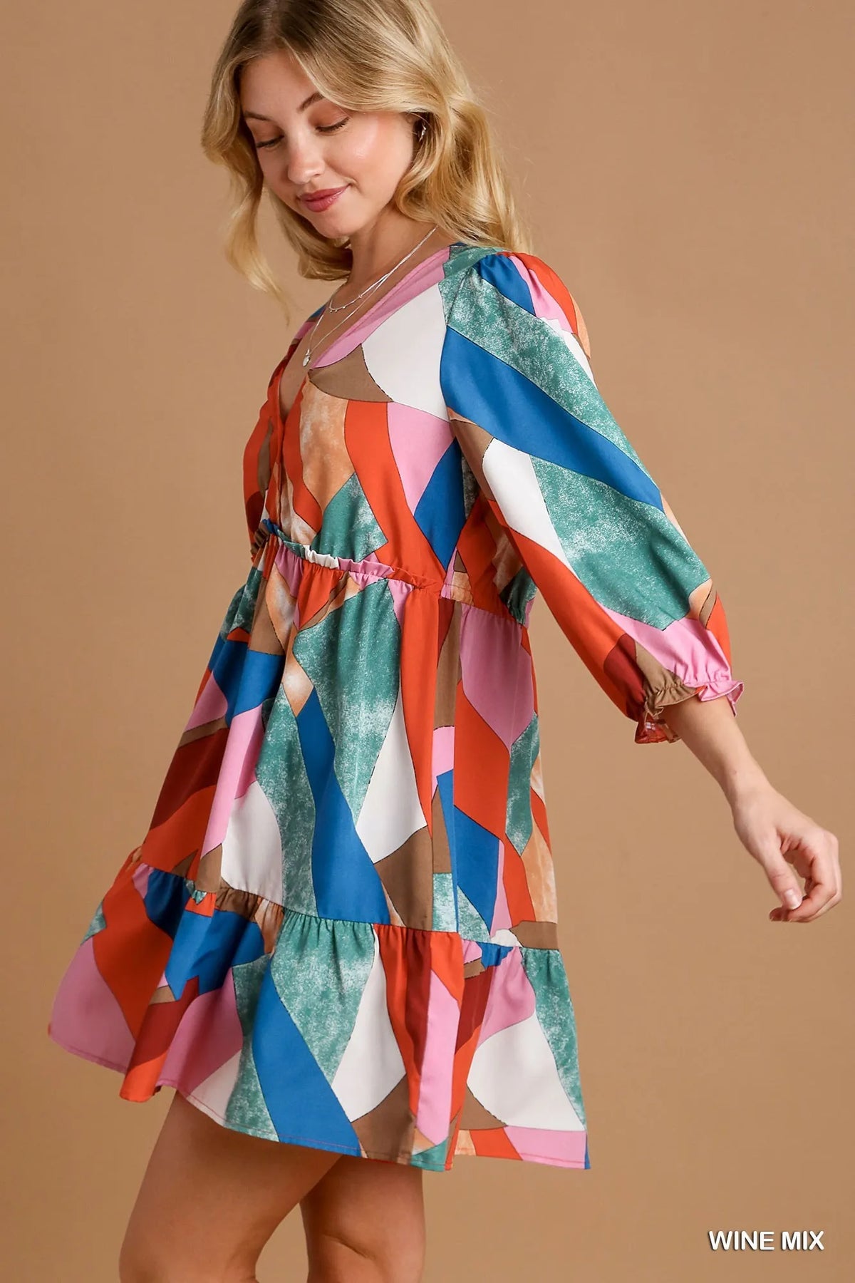 Abstract V-Neck Tiered Printed Dress - Side View