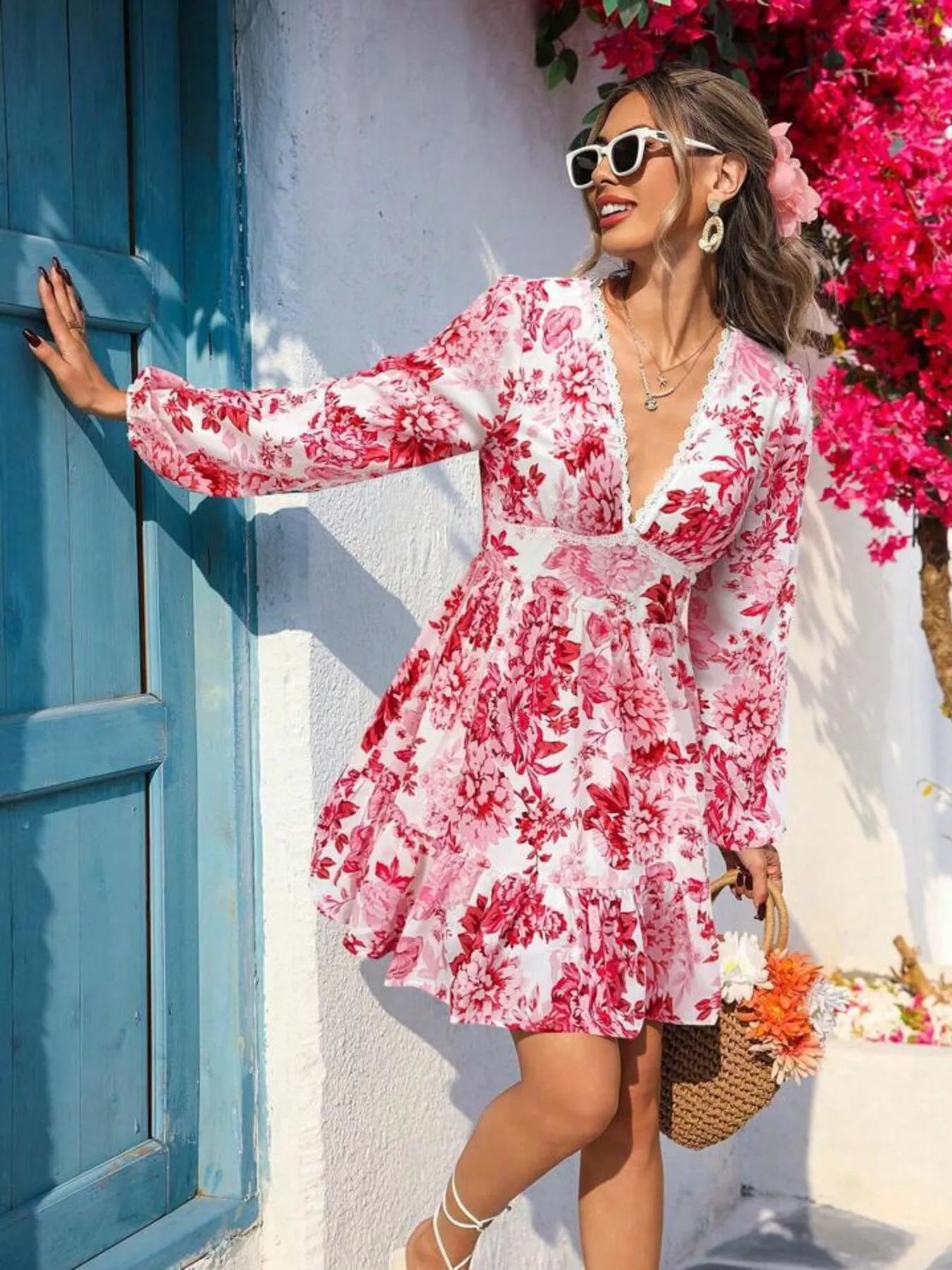 Full Size Floral Print V-Neck Long Sleeve Ruffle Hem Mini Dress Plus Size - Detail View 10