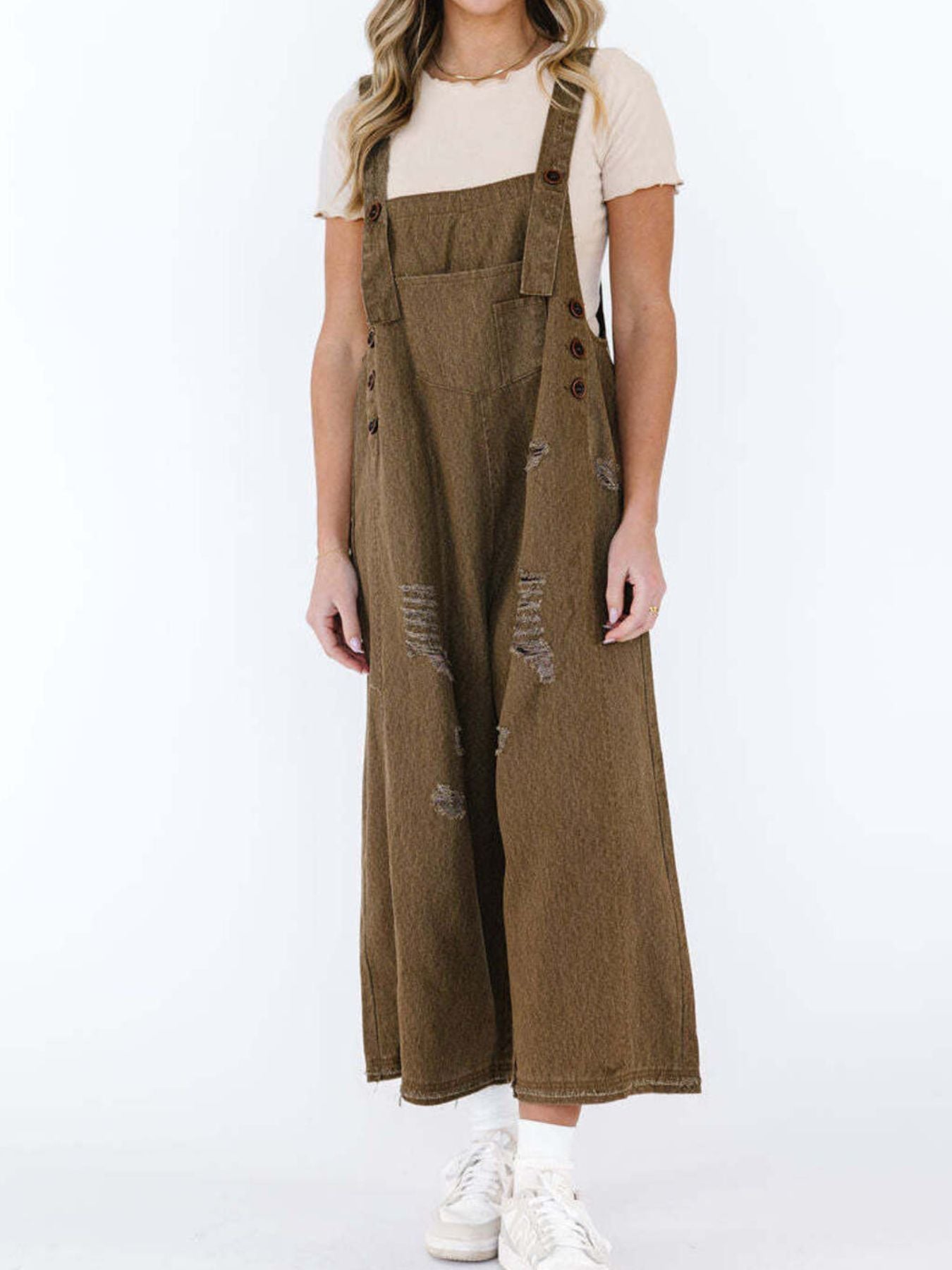 Distressed Wide Leg Denim Overalls - Detail View 13