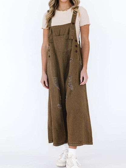 Distressed Wide Leg Denim Overalls - Detail View 13