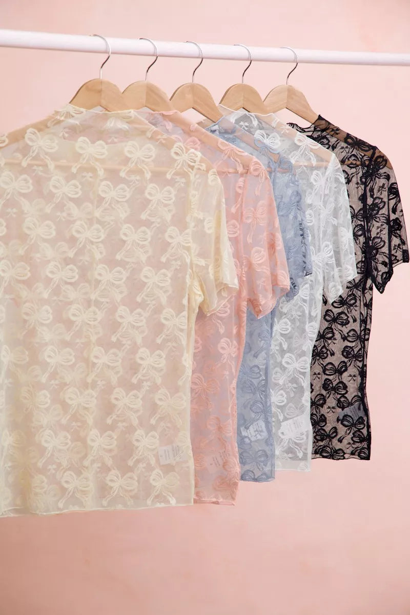 Mock Neck Bow Pattern Mesh Top