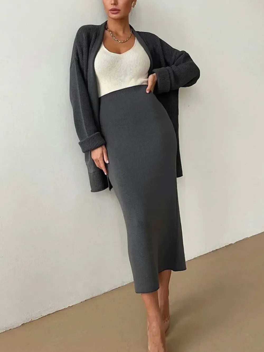 Open Front Cardigan and Midi Skirt Sweater Set