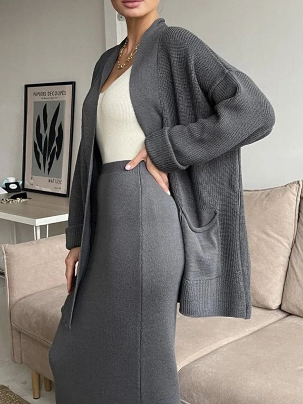 Open Front Cardigan and Midi Skirt Sweater Set