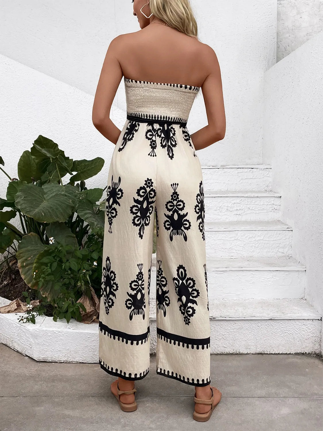 Smocked Printed Wide Leg Jumpsuit